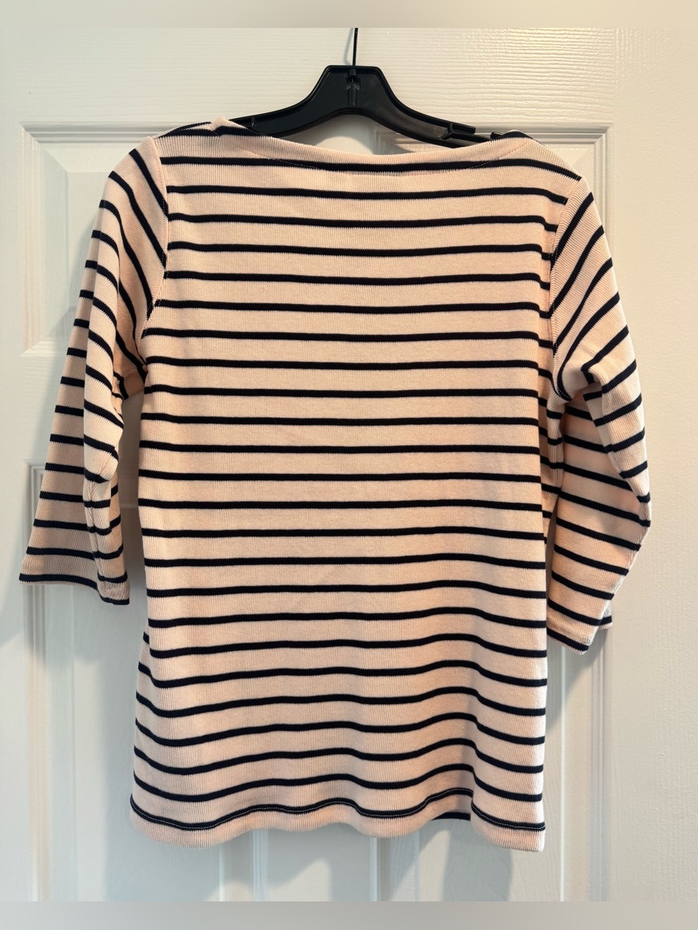 LL Bean Cotton Boatneck Cotton Top in Light Pink and Navy Stripes - Picture 3 of 7